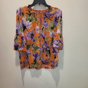 Women's Alice & Olivia Floral & Leaf Print Tiered Sleeve Blouse (M)